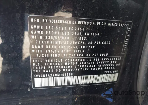 2022 Volkswagen Tiguan 2.0T Se z USA, uszkodzony, nr VIN 3VV3B7AX2NM103566